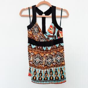 Y2K IZ Byer Halter Tank Top Brown Blue‎ Size L Boho Ethnic Print Indie Sleaze